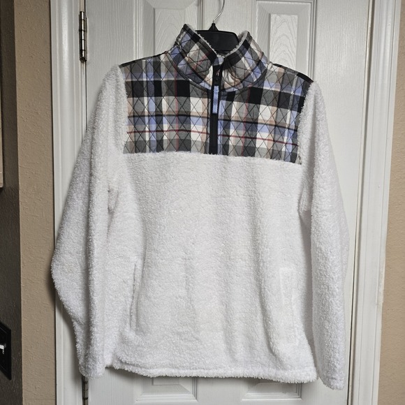 Vera Bradley Tops - VERA BRADLEY Sz Lg White w/ Multi-Color Quilted Bodice & Trim 1/4 Zip Fleece Top